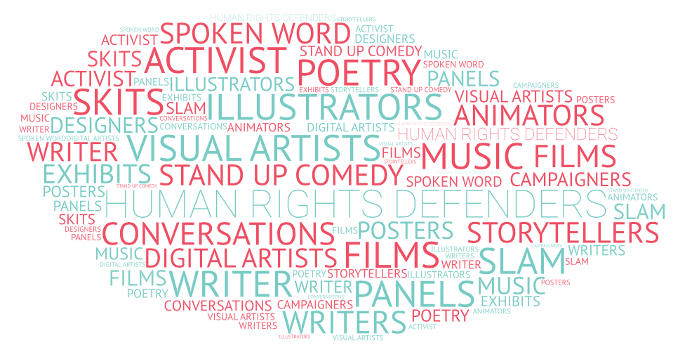 word cloud with the words FILMS STAND UP COMEDY ACTIVISTS MUSIC CONVERSATIONS PANELS SPOKEN WORD STORYTELLERS DIGITAL ARTISTS SKITS POETRY ANIMATOR SLAM HUMAN RIGHTS DEFENDERS DANCERS ILLUSTRATORS WRITERS EXHIBITS POSTERS VISUAL ARTISTS