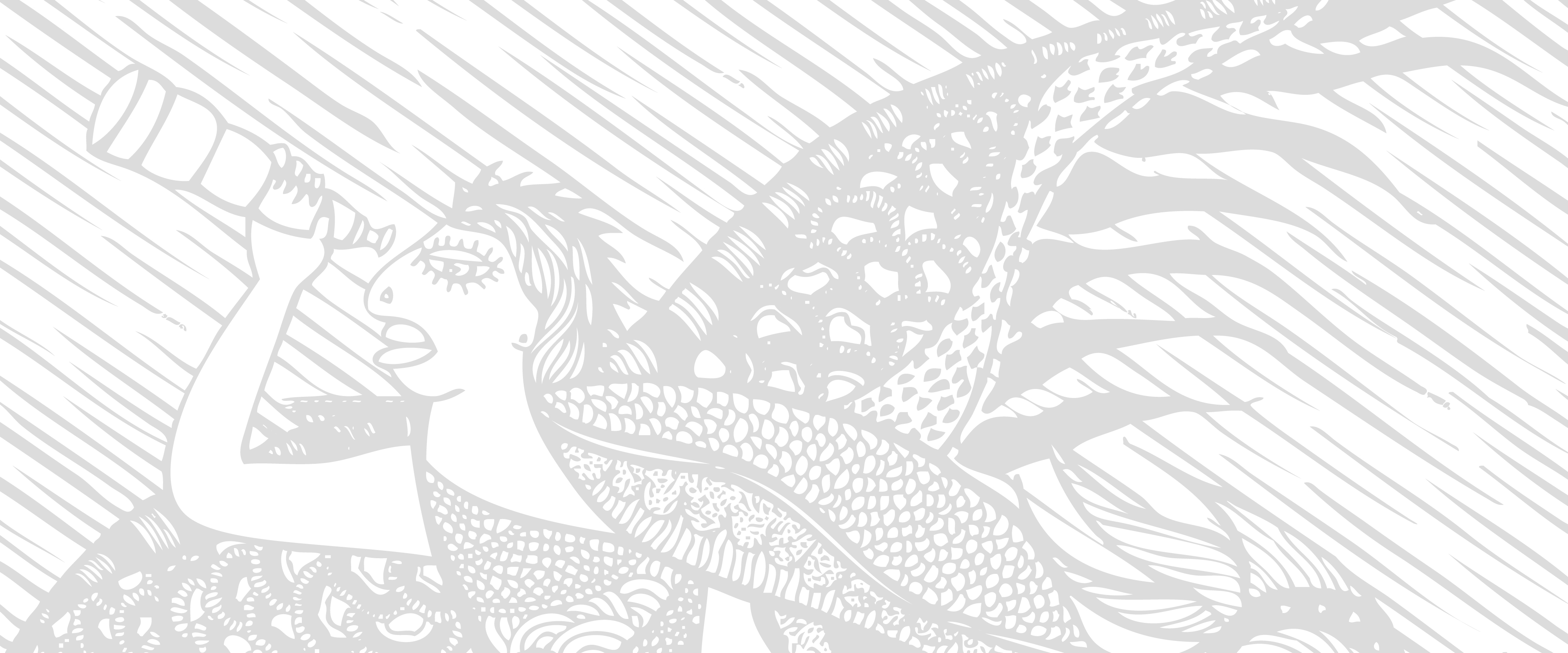 gray woodcut style digital design of a woman looking through a telescope with bird wings