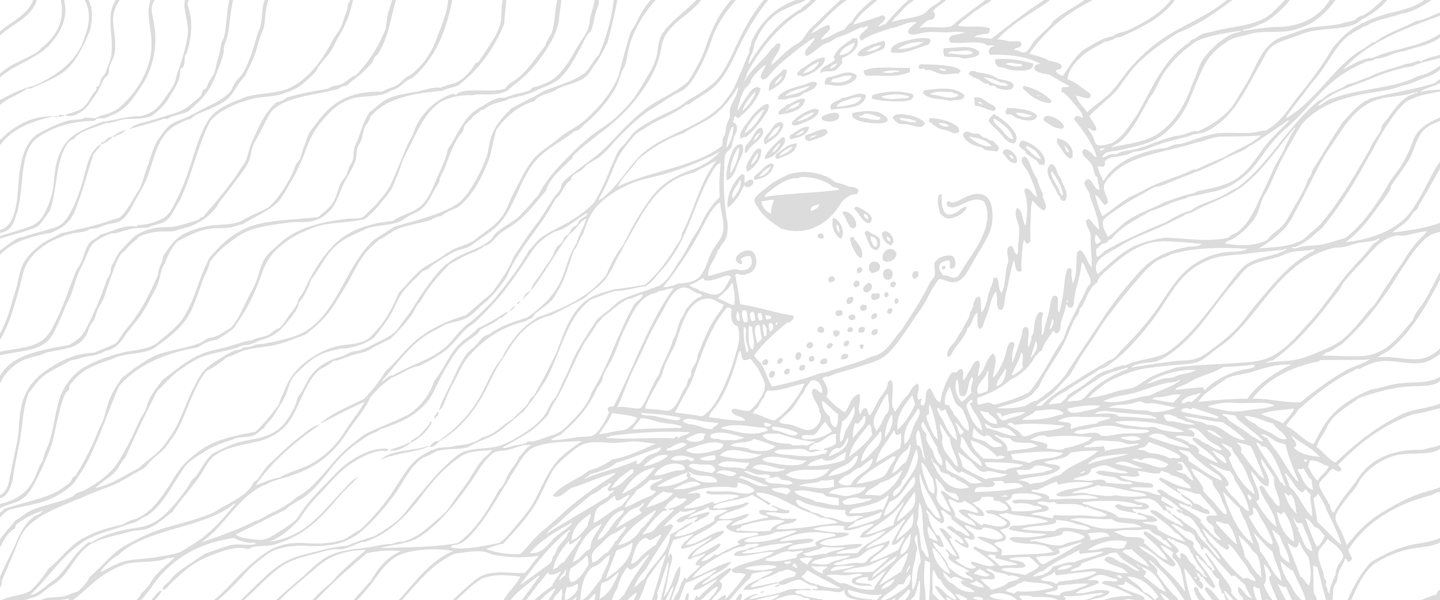 gray digital pattern design of head of a woman with birdlike figure with shoulders covered in feathers